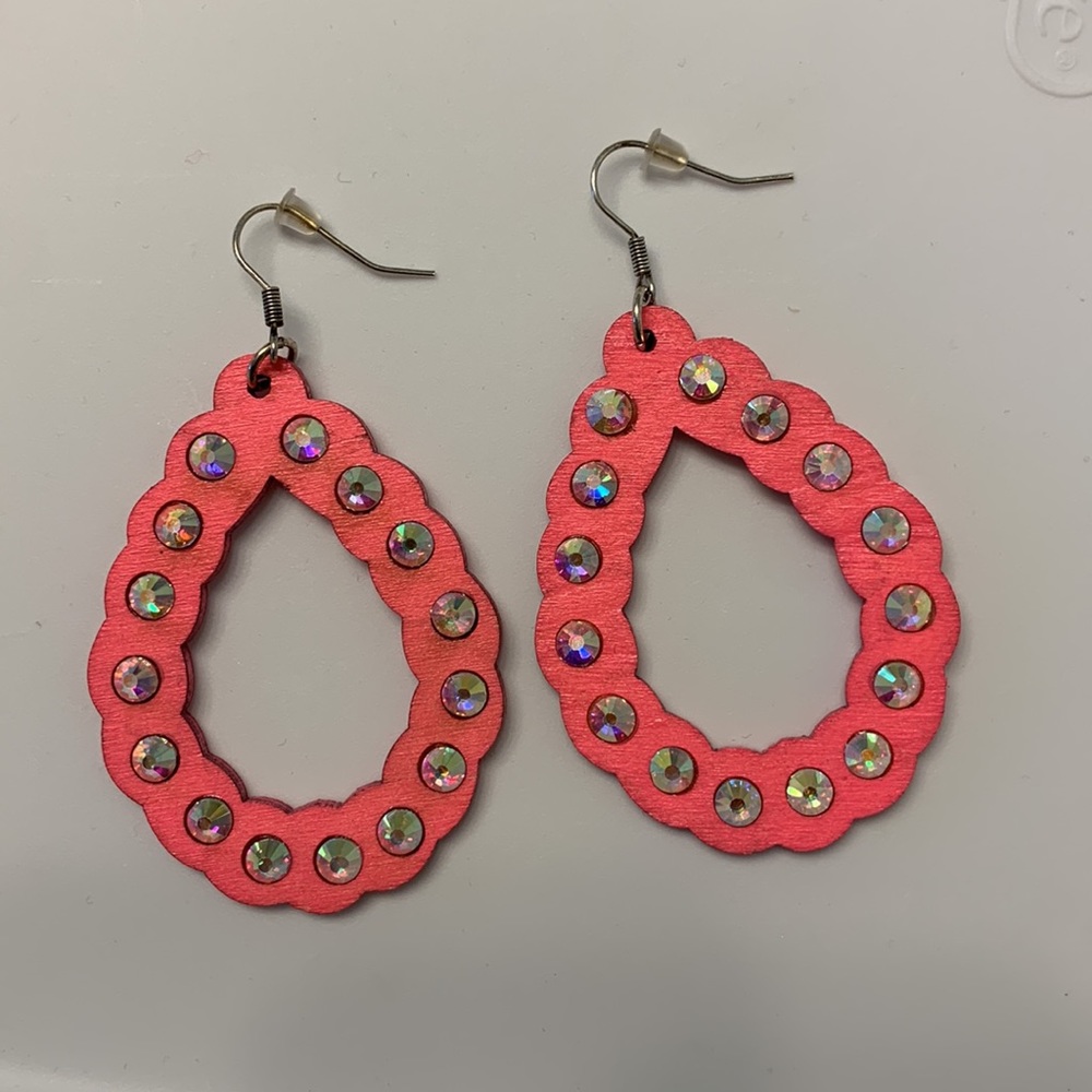 Hot Pink Wood Teardrop Earrings - Picture 6 of 7